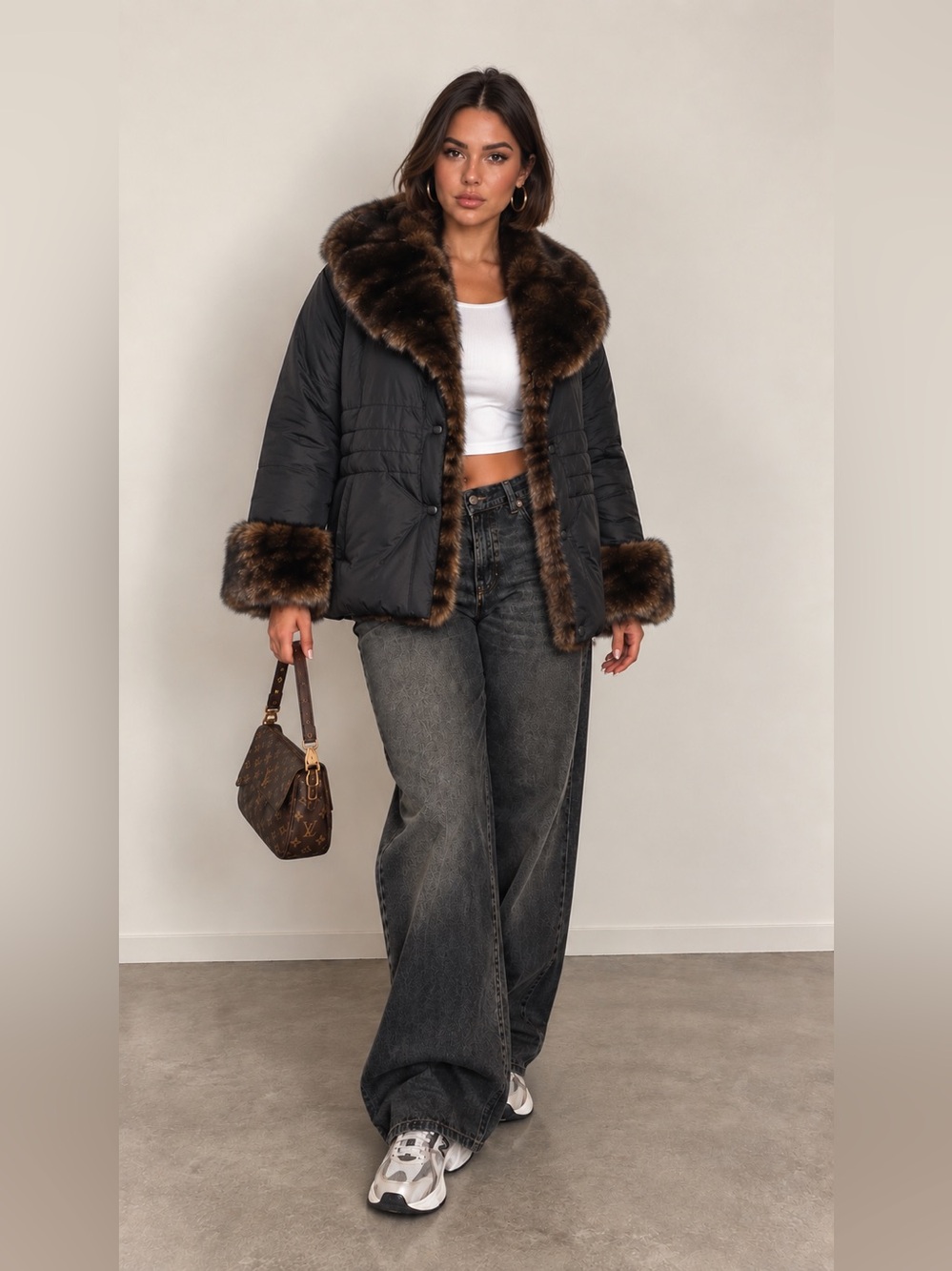 Vintage Bill Blass Black Down Puffer Faux Fur Trim Coat XL Y2K Mob Wife Bratz